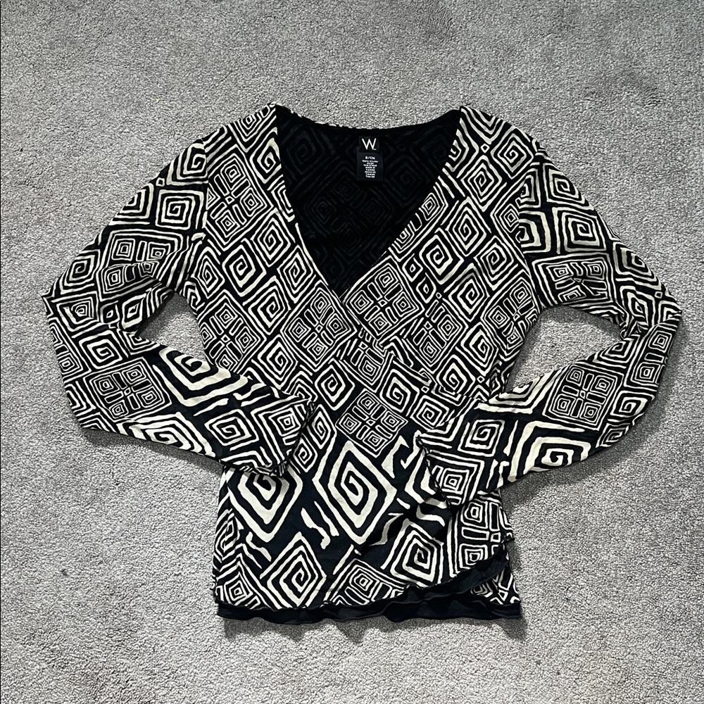 W by Worth Abstract Pattern Long Sleeve Wrap Top Y2K 90s size small